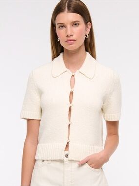 Abercrombie & Fitch Cream Short-Sleeve Pearl Button Collared Cardigan